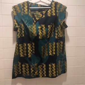 TU TU VI Tunic Top Size Large Teal Yellow And Blue Made In Hawaii Silkscreened